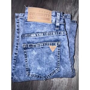 Celebrity Ace Acid Wash Butterfly Print Jeans Blue High Waist Straight Leg 1/25